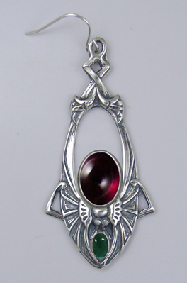 Sterling Silver Dramatic Art Deco Drop Dangle Earrings With Garnet And Fluorite